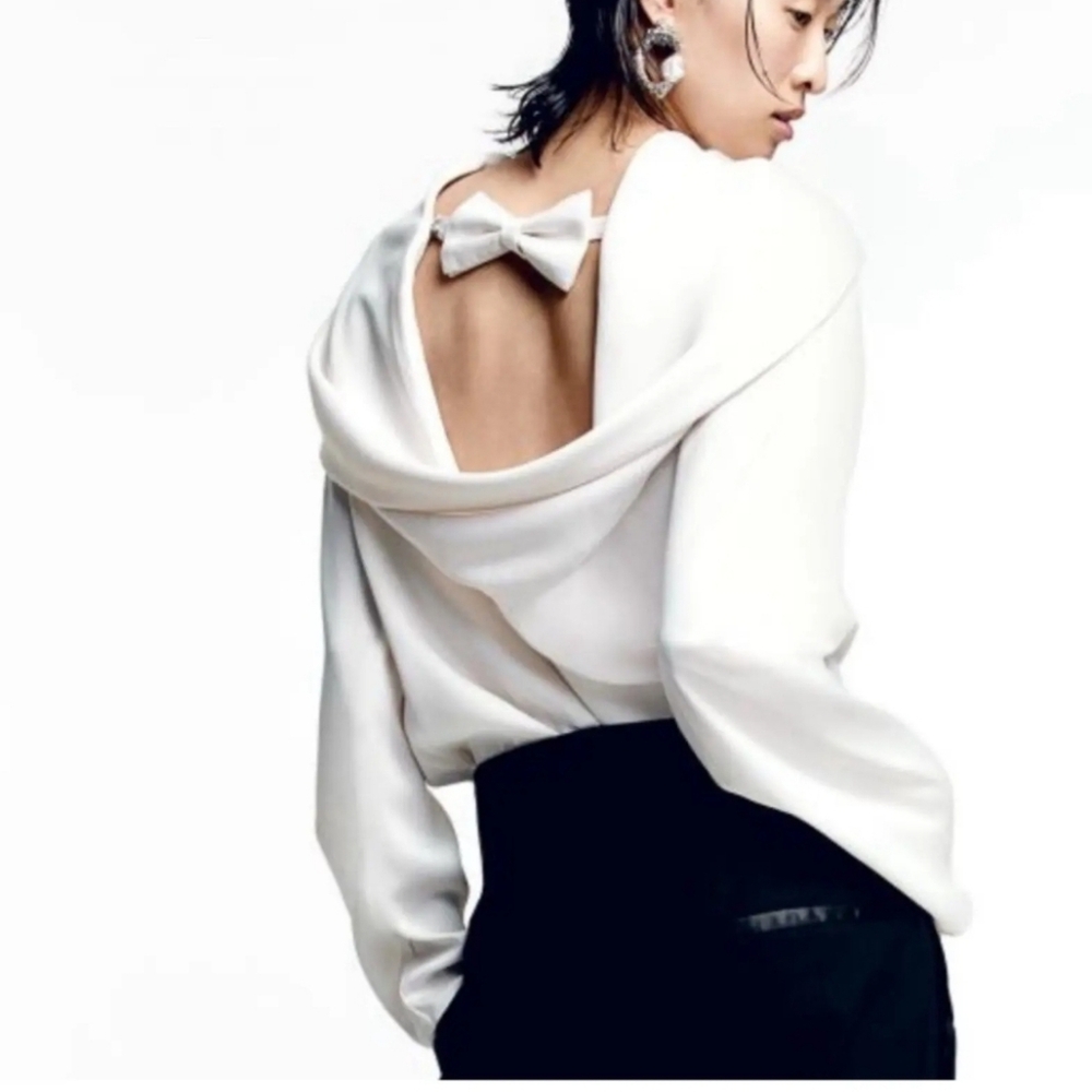 Elegant White Open-Back Blouse with Bow